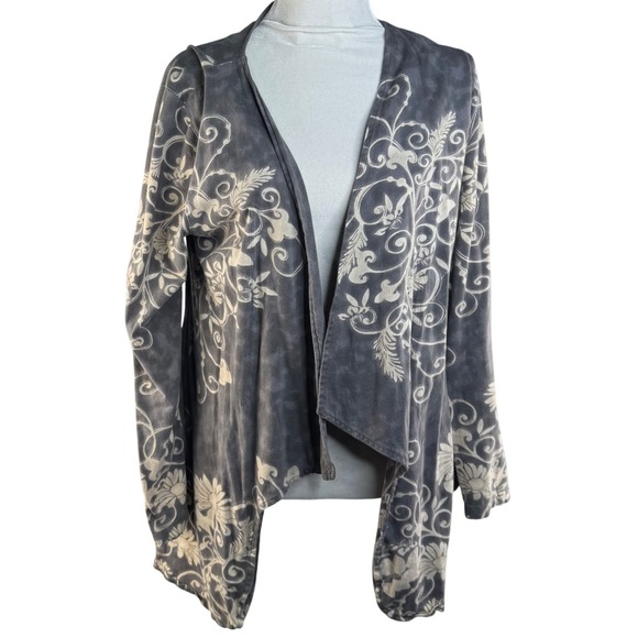Take Two Clothing Co. Sweaters - Take Two Clothing Co Womens Grey Floral Acid Wash Cotton Open Front Cardigan L